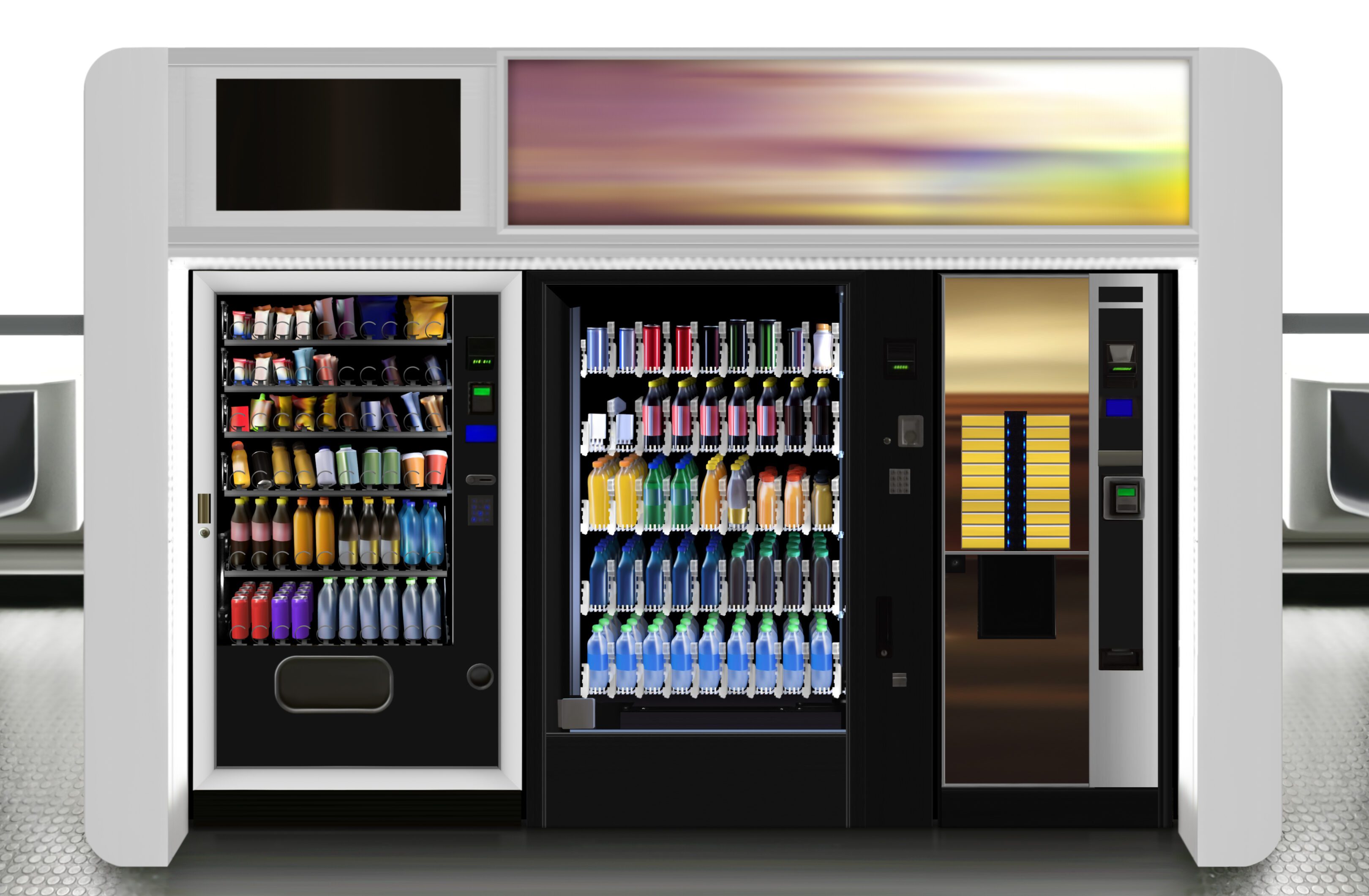 Vending machines with snacks and drinks.