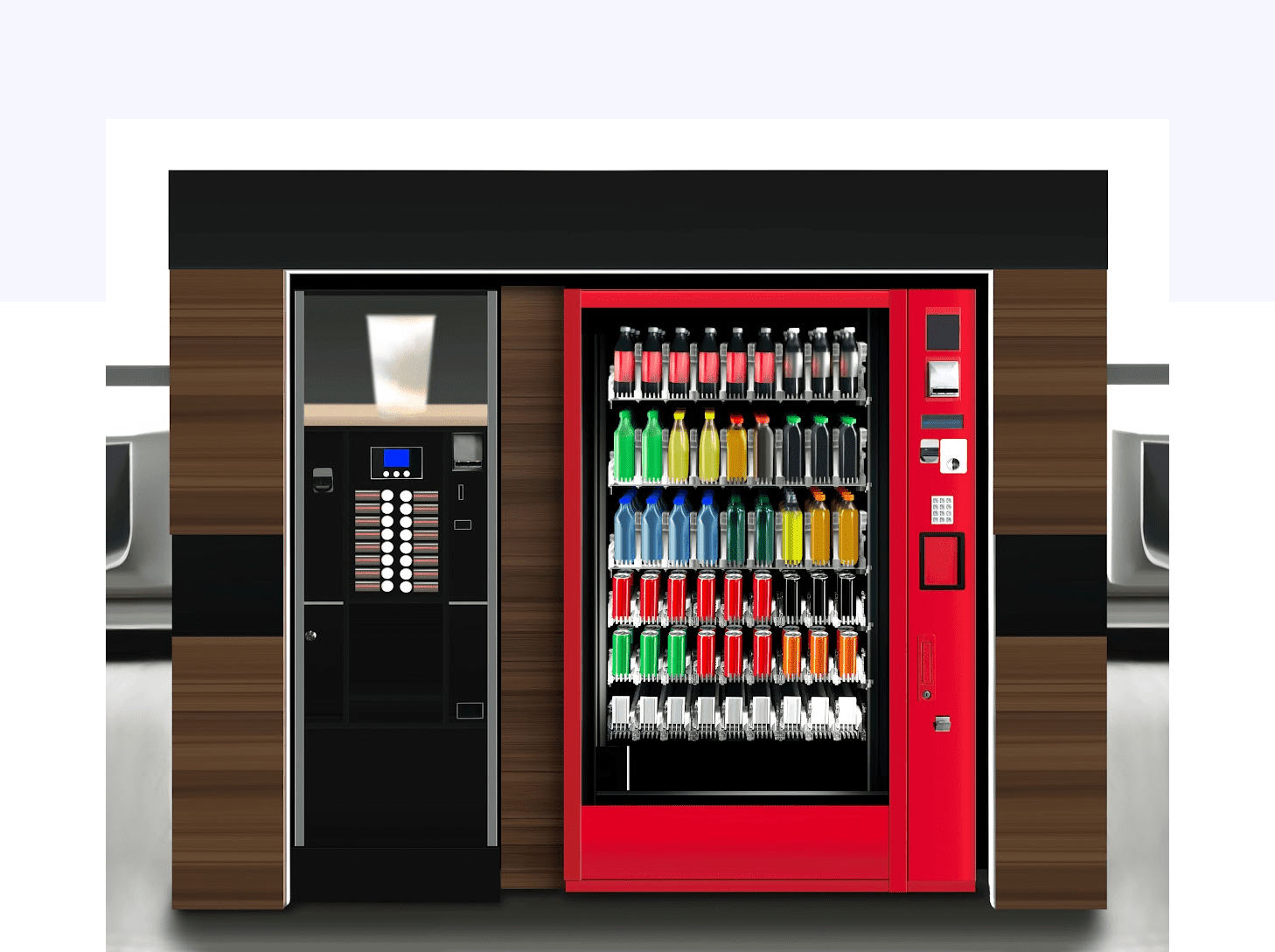 A coffee vending machine and a snack vending machine side by side.