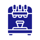 Blue coffee machine icon on black background.