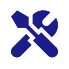 Blue wrench and screwdriver icon on black.