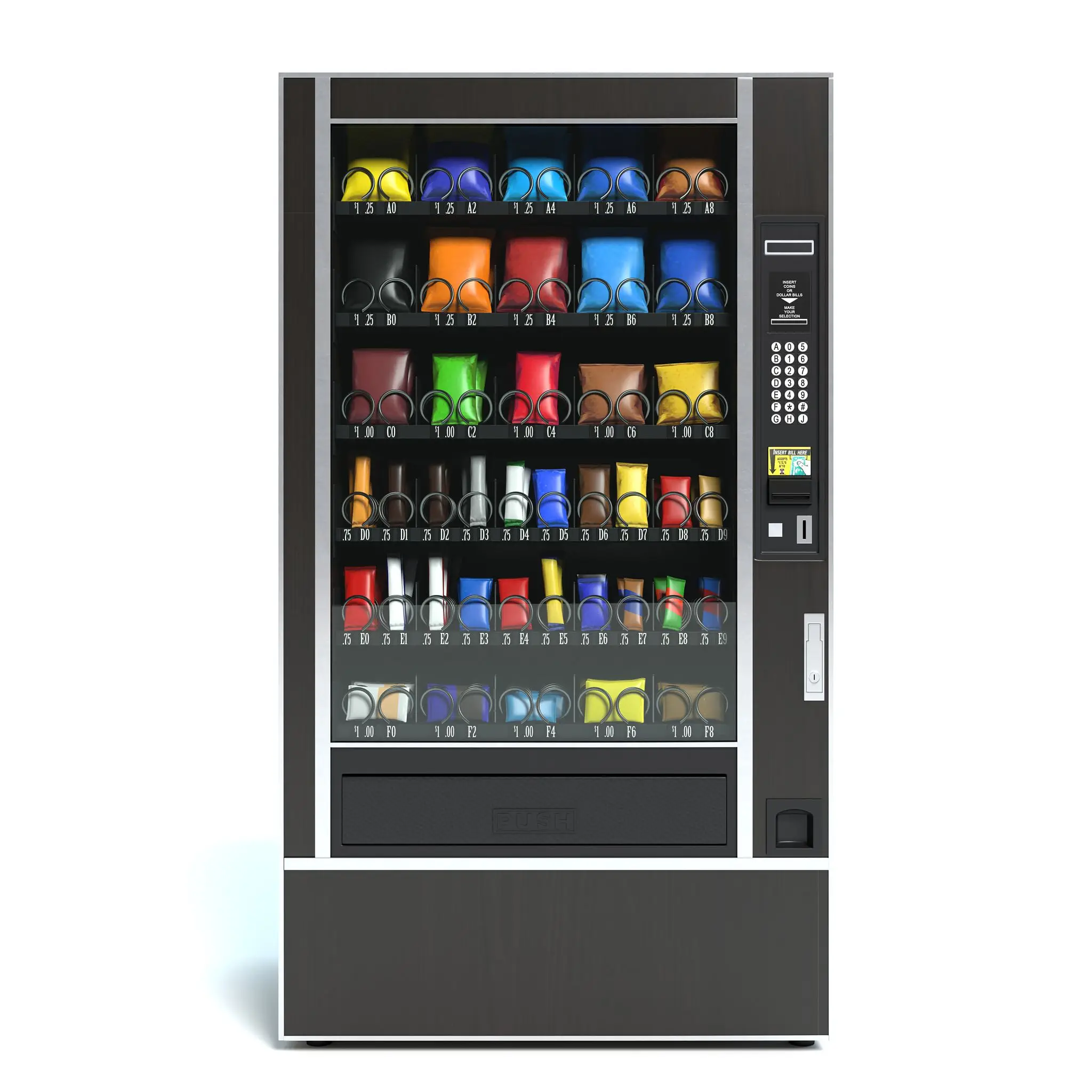 Modern vending machine stocked with snacks and drinks.